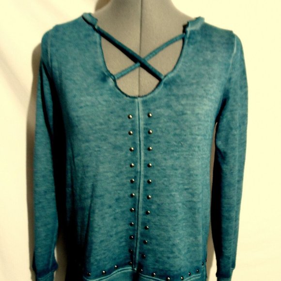ROCK & REPUBLIC Studs Sweatshirt Top XS Blue Caged V-neck LS Trendy mineral wash - Picture 3 of 10